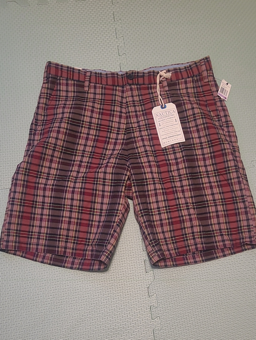 Nautica Red and Black Plaid Flat Front Men's Shorts